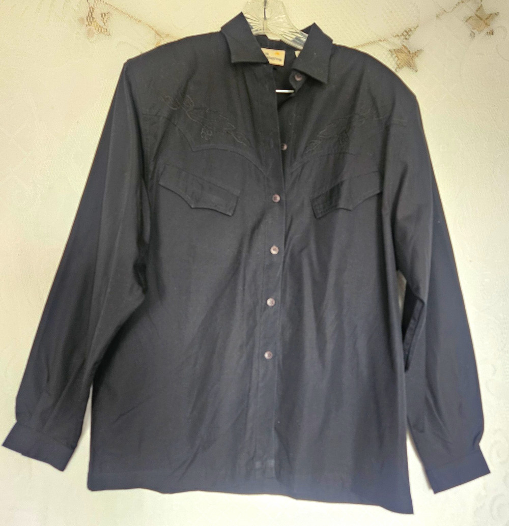 Liz Claiborne Size 10 Women Black Button Up Cotton Shirt Vintage Western Country
